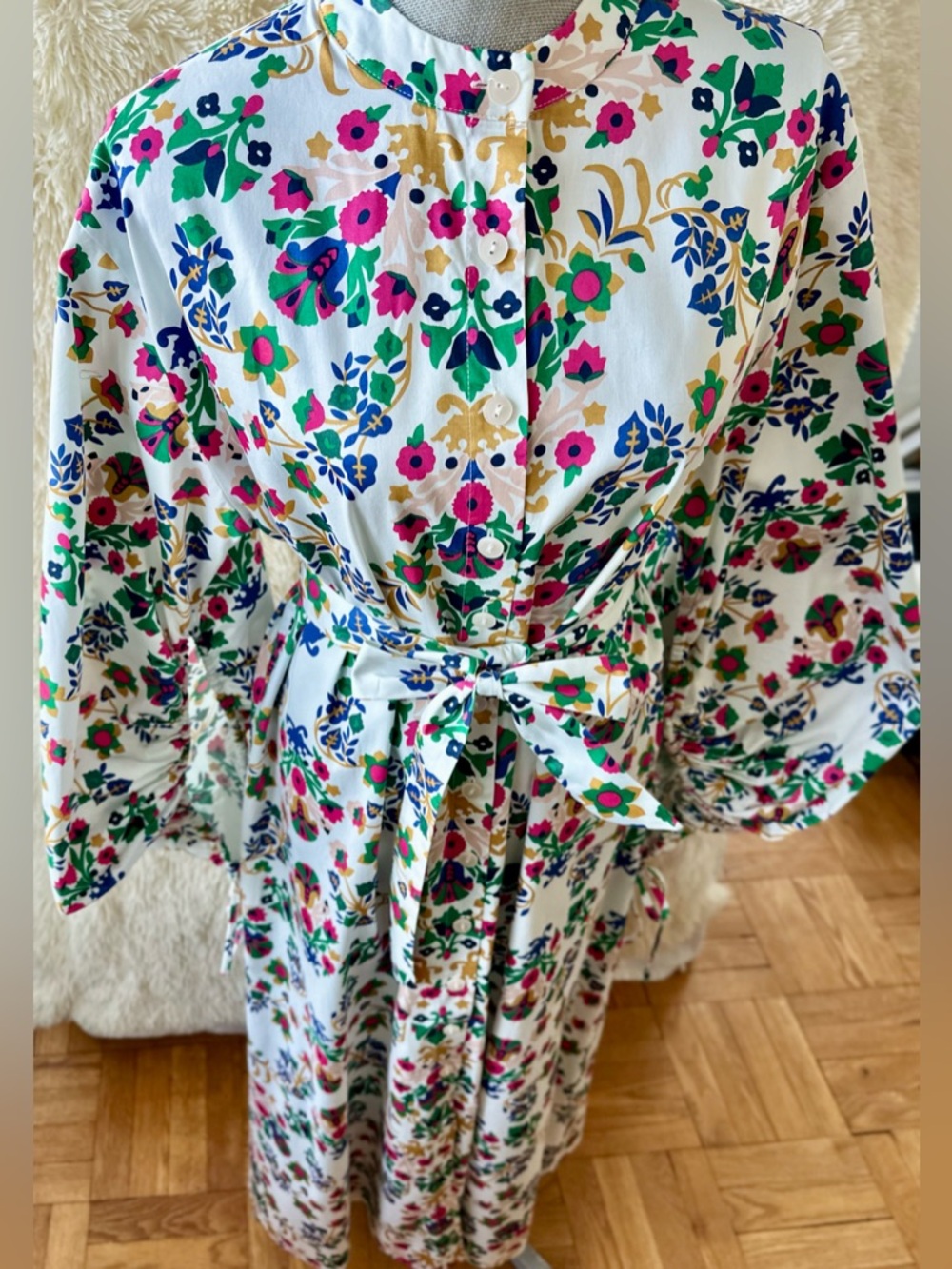 Floral Cotton Poplin Ballon Sleeve Printed Dress w/Tie